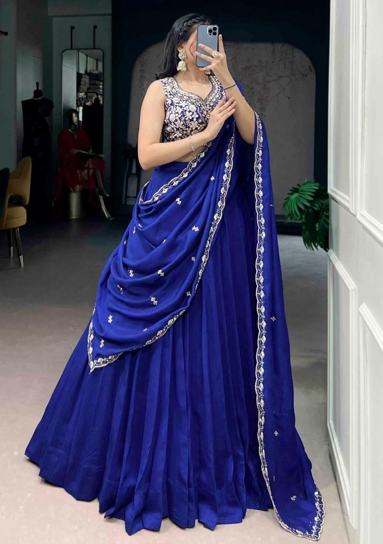 Blue Beads Work Silk Lehenga Set - Indya