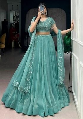 Green Beads Work Organza Lehenga Set