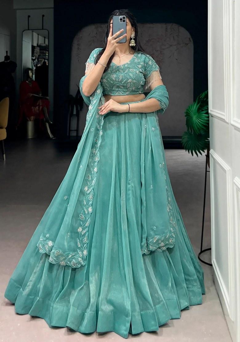Green Beads Work Organza Lehenga Set - Indya