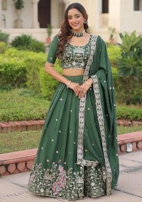 Green Embroidered Silk Lehenga Set