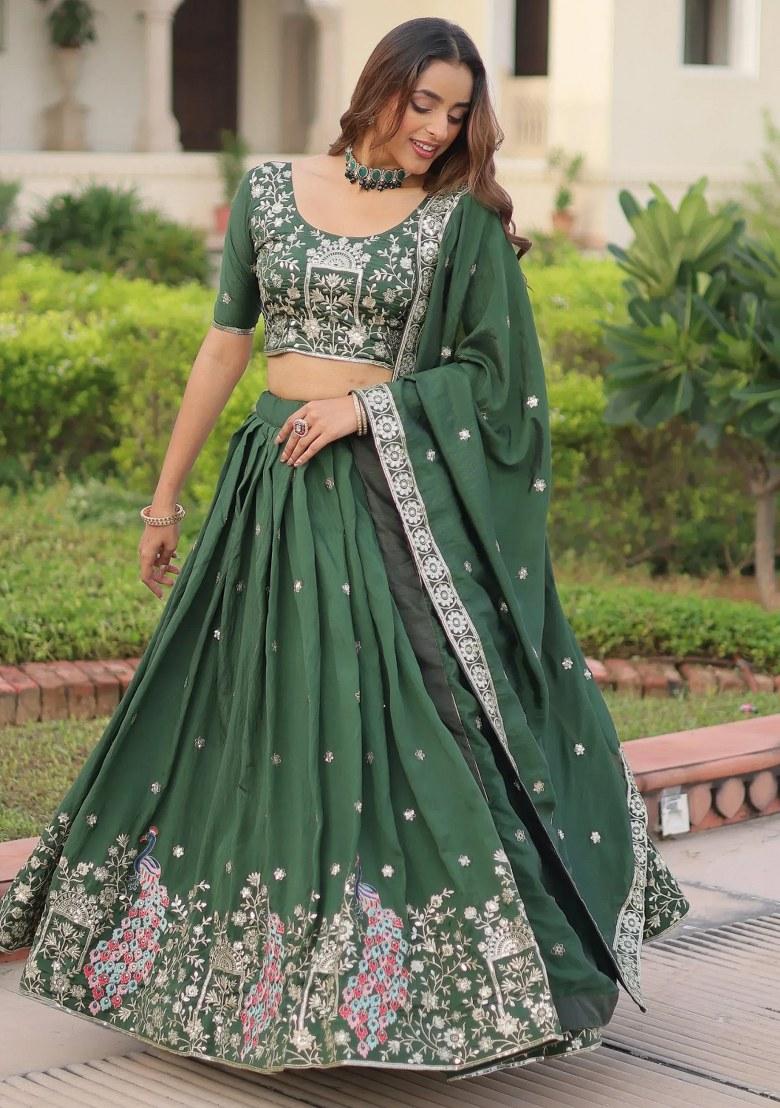 Green Embroidered Silk Lehenga Set - Indya