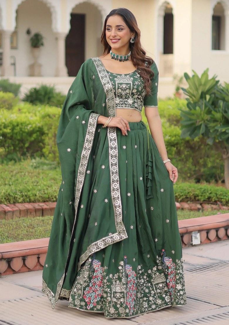 Green Embroidered Silk Lehenga Set - Indya