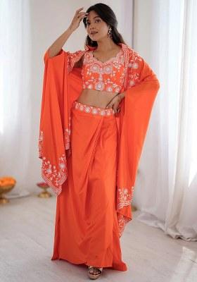Orange Embroidered Crepe Lehenga Set
