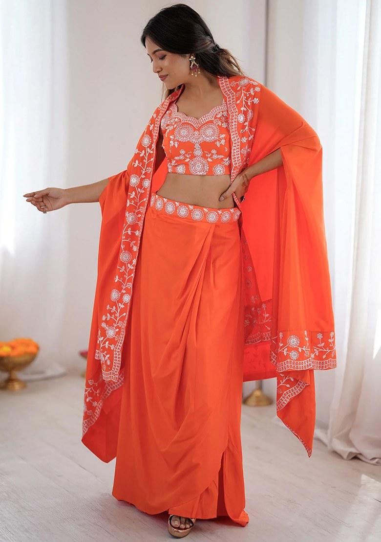 Orange Embroidered Crepe Lehenga Set - Indya