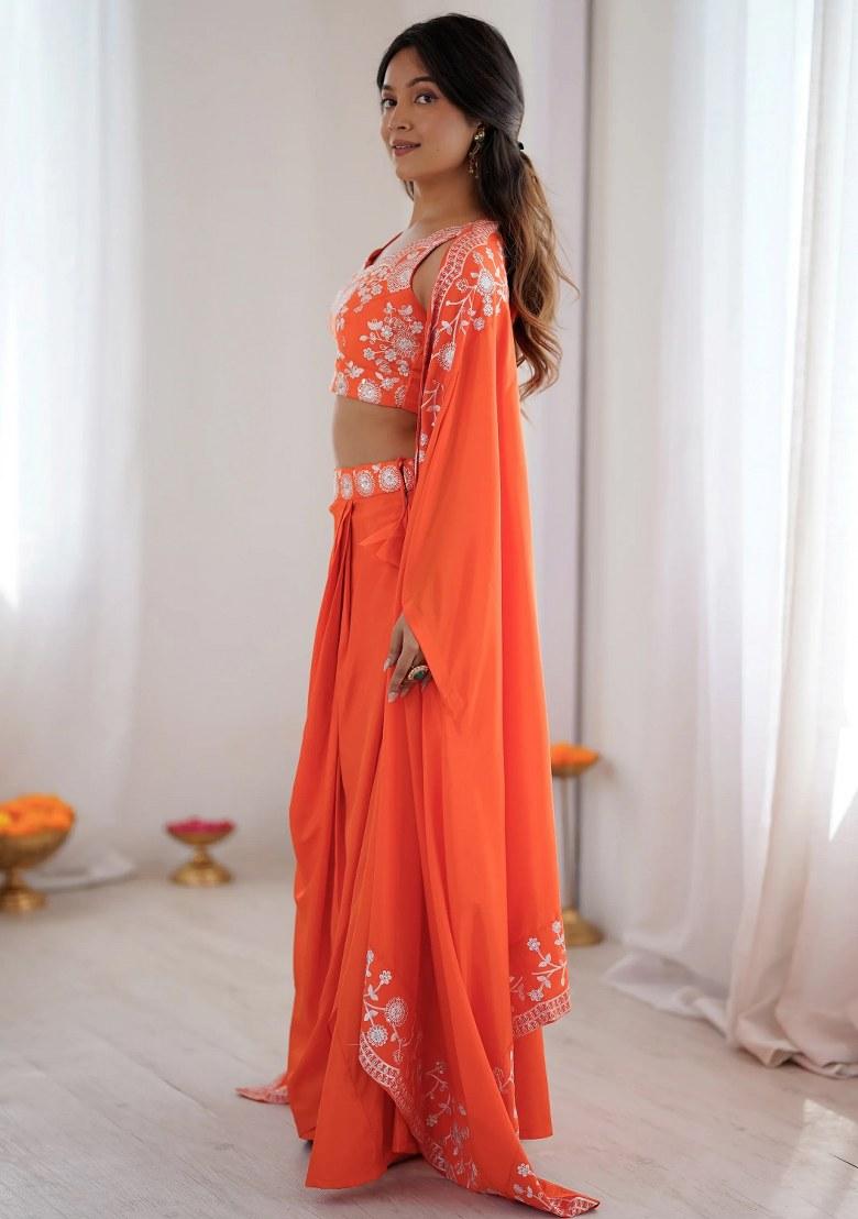 Orange Embroidered Crepe Lehenga Set - Indya