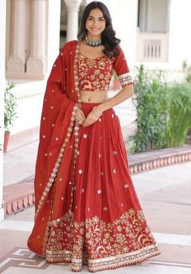 Orange Embroidered Silk Lehenga Set
