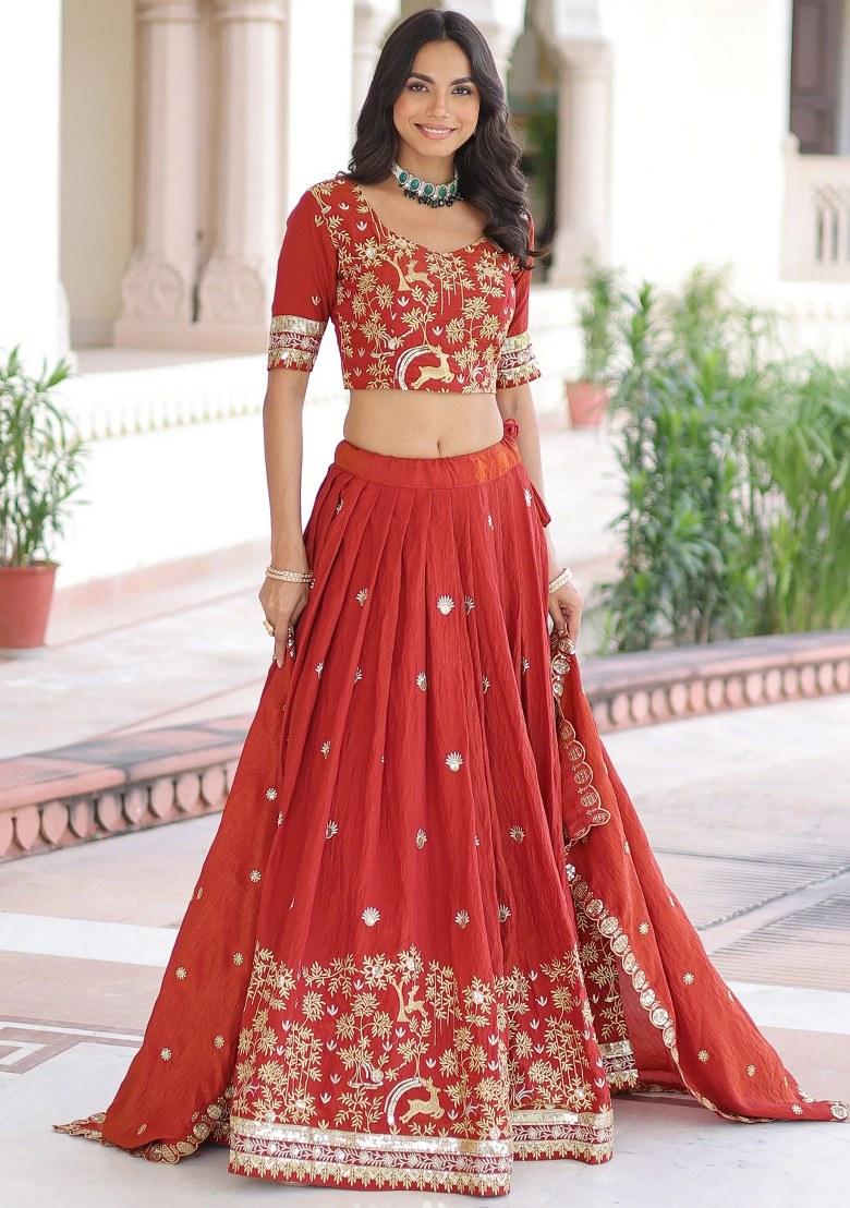 Orange Embroidered Silk Lehenga Set - Indya