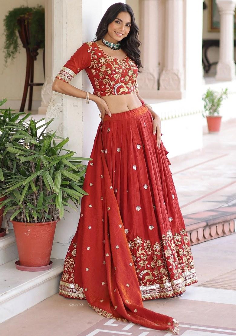 Orange Embroidered Silk Lehenga Set - Indya