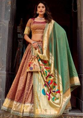 Brown Lace Work Silk Lehenga Set