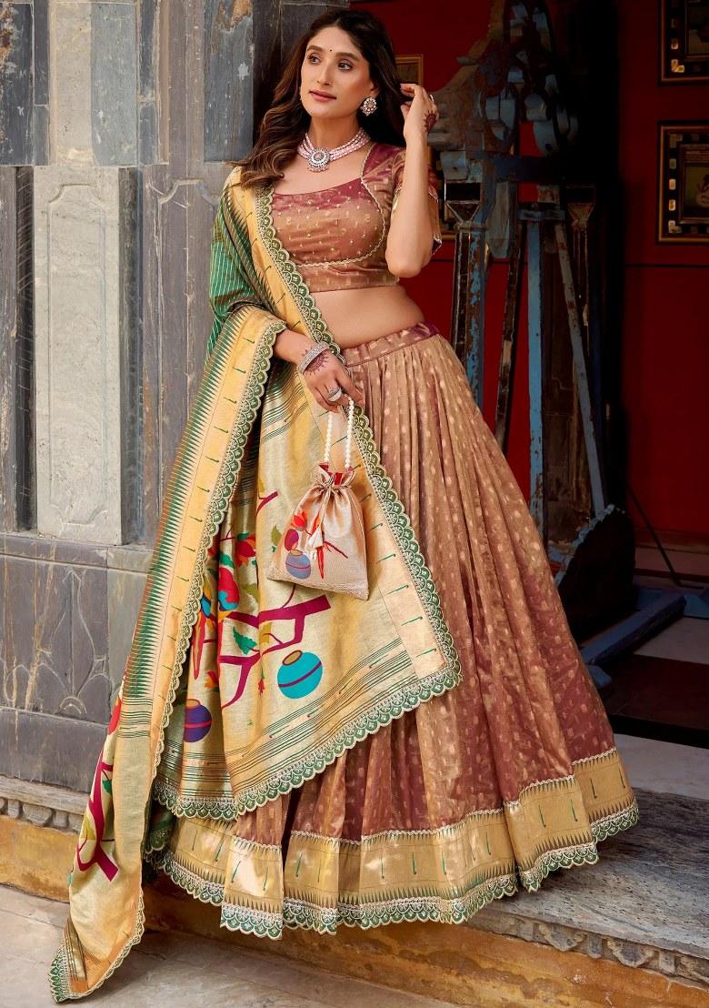 Brown Lace Work Silk Lehenga Set - Indya