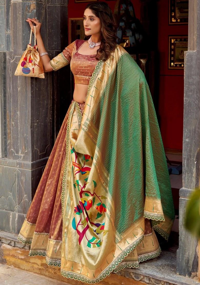 Brown Lace Work Silk Lehenga Set - Indya
