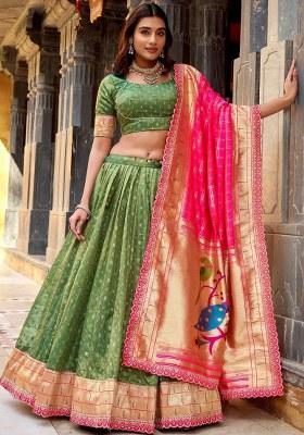 Green Lace Work Silk Lehenga Set