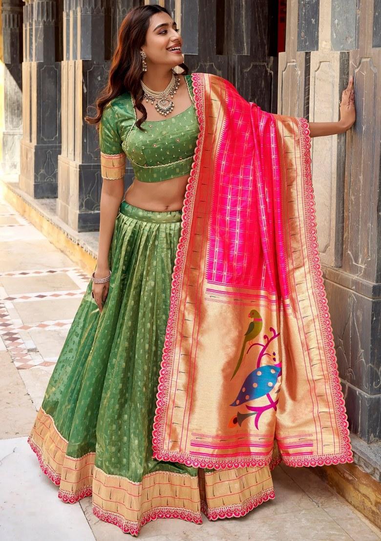 Green Lace Work Silk Lehenga Set - Indya