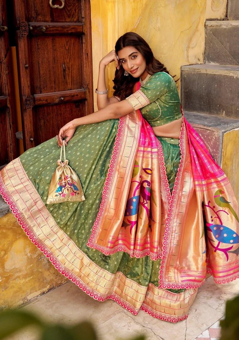 Green Lace Work Silk Lehenga Set - Indya