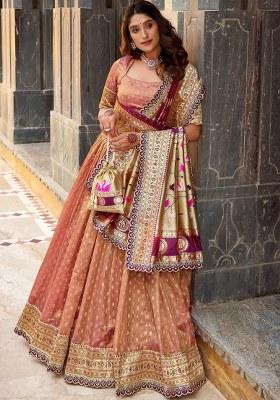 Peach Lace Work Silk Lehenga Set