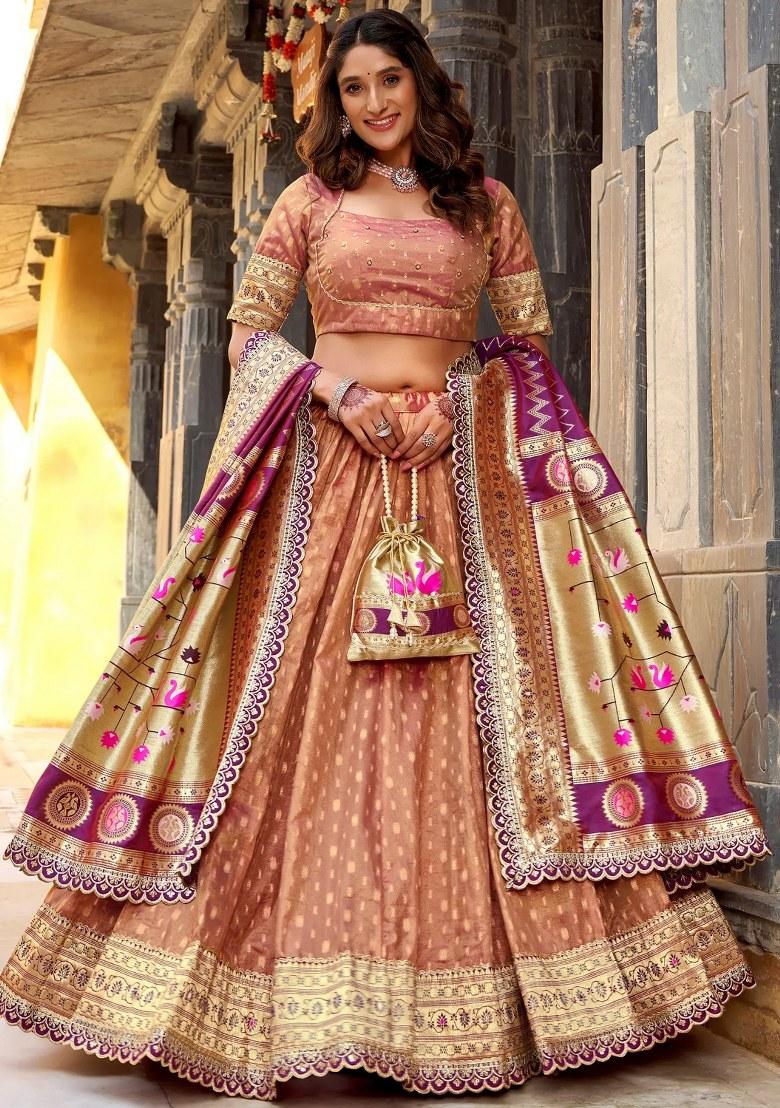 Peach Lace Work Silk Lehenga Set - Indya
