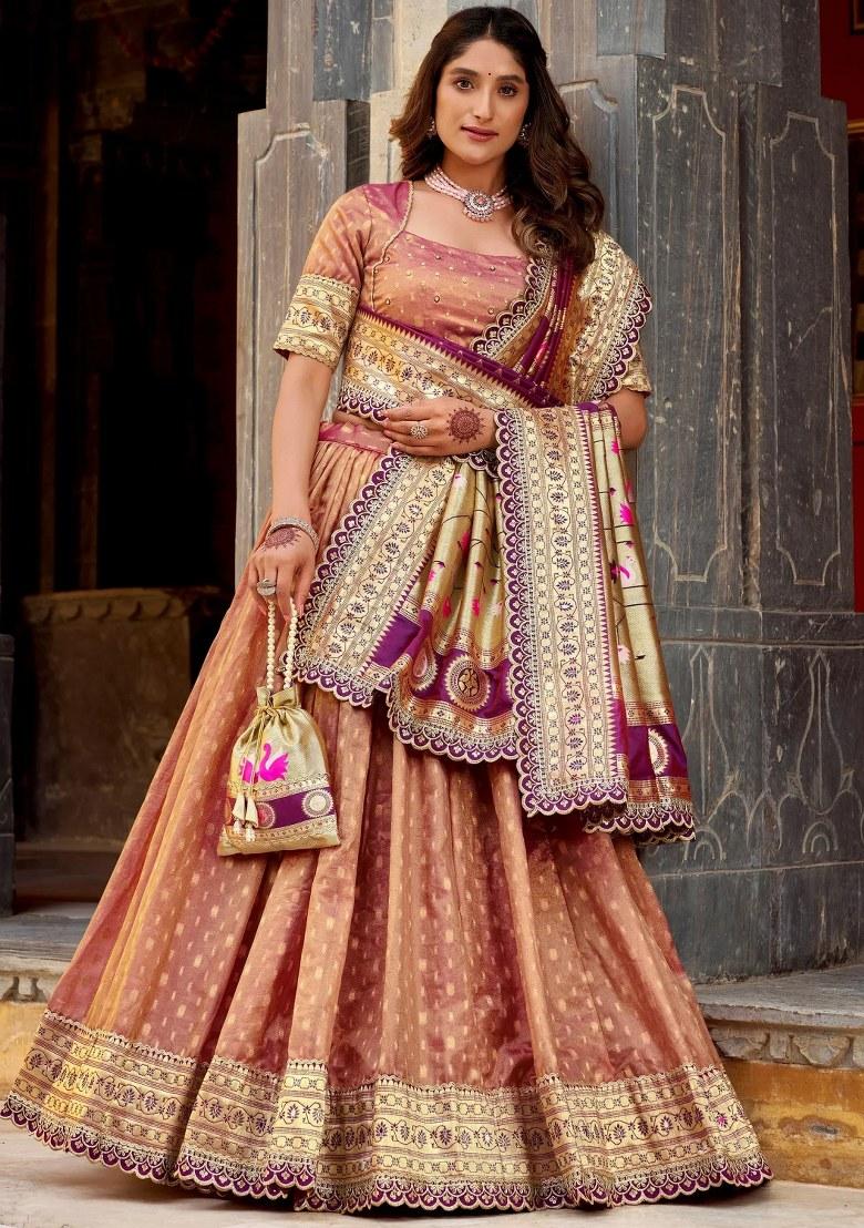 Peach Lace Work Silk Lehenga Set - Indya