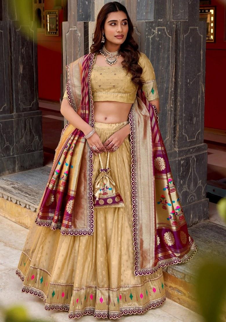 Beige Zari Work Organza Lehenga Set - Indya