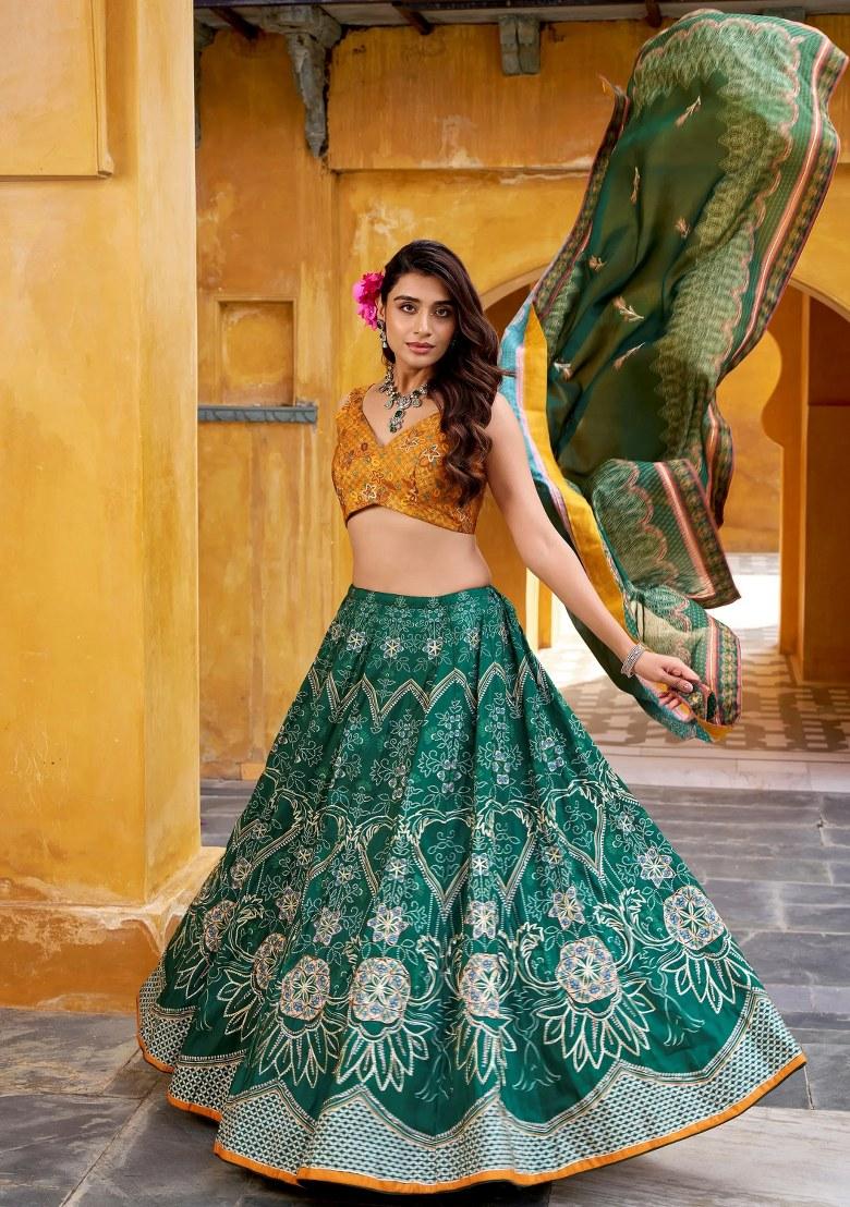 Green Beads Work Silk Lehenga Set - Indya