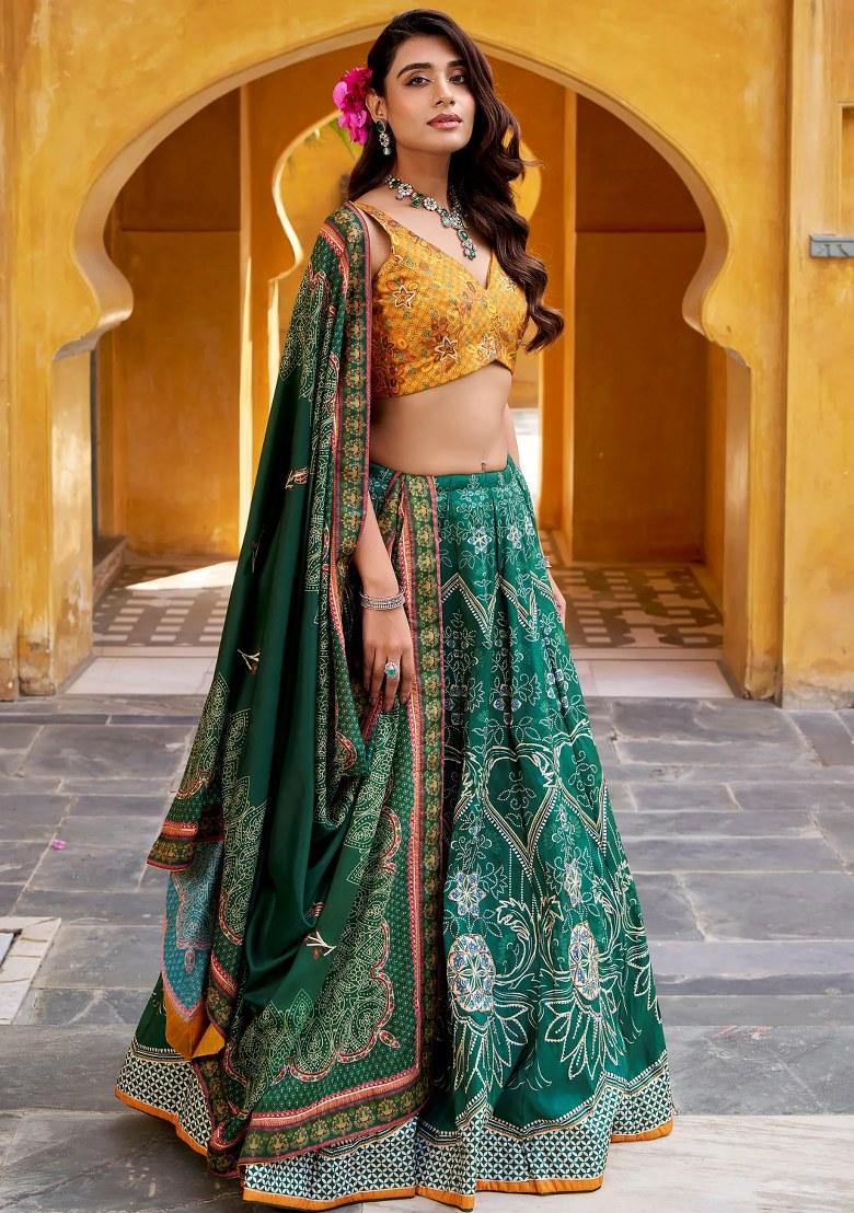 Green Beads Work Silk Lehenga Set - Indya