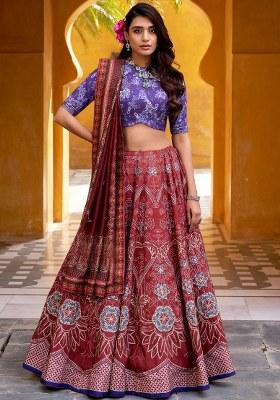 Maroon Beads Work Silk Lehenga Set