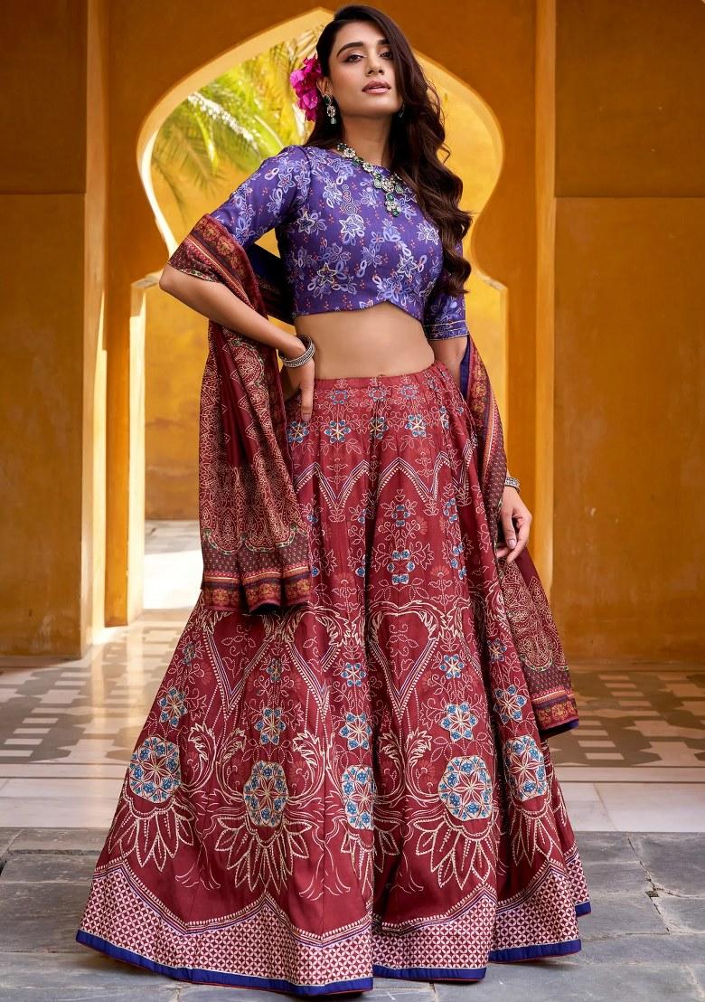 Maroon Beads Work Silk Lehenga Set - Indya