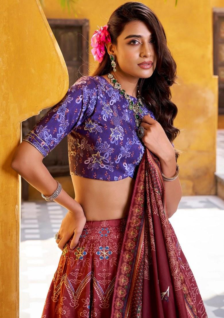 Maroon Beads Work Silk Lehenga Set - Indya