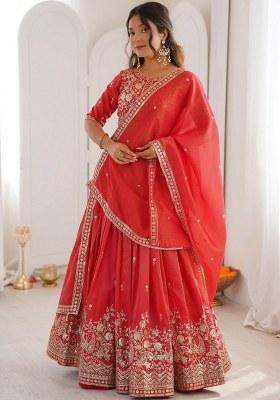 Orange Embroidered Silk Lehenga Set