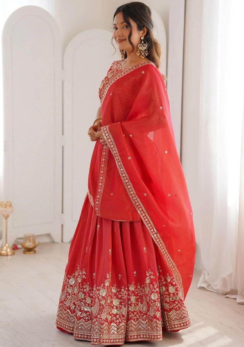 Orange Embroidered Silk Lehenga Set - Indya