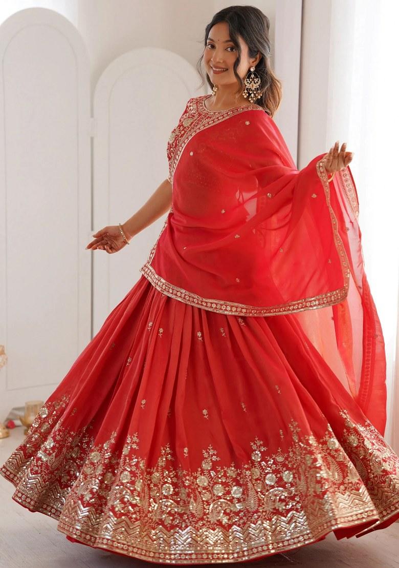 Orange Embroidered Silk Lehenga Set - Indya