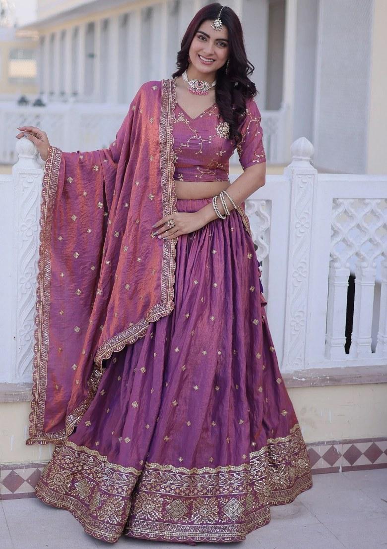 Pink Sequin Work Silk Lehenga Set - Indya