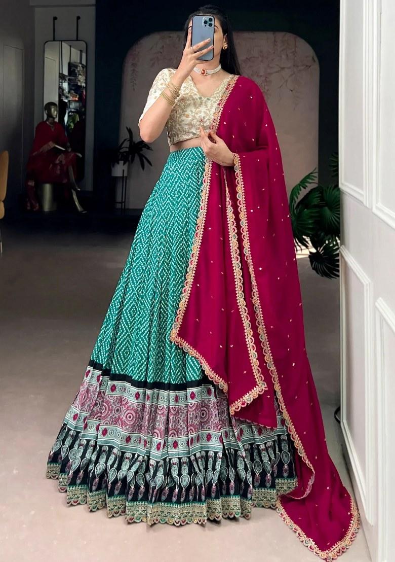 Green Embroidered Rayon Lehenga Set - Indya