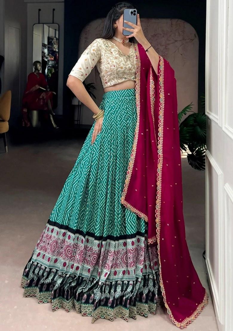 Green Embroidered Rayon Lehenga Set - Indya