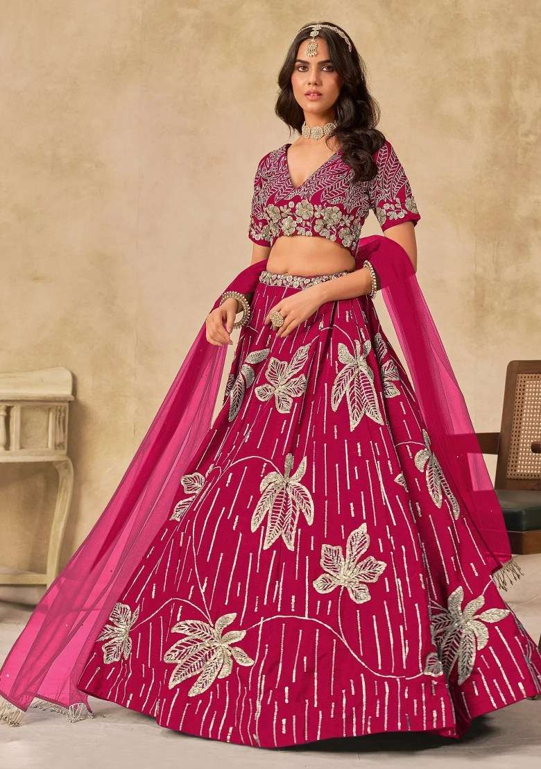 Pink Embroidered Silk Lehenga Set for Diwali and Festive Wear - Indya