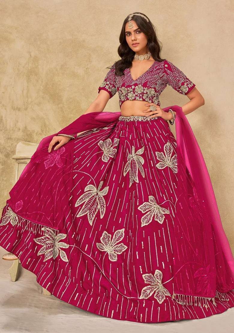 Pink Embroidered Silk Lehenga Set for Diwali and Festive Wear - Indya