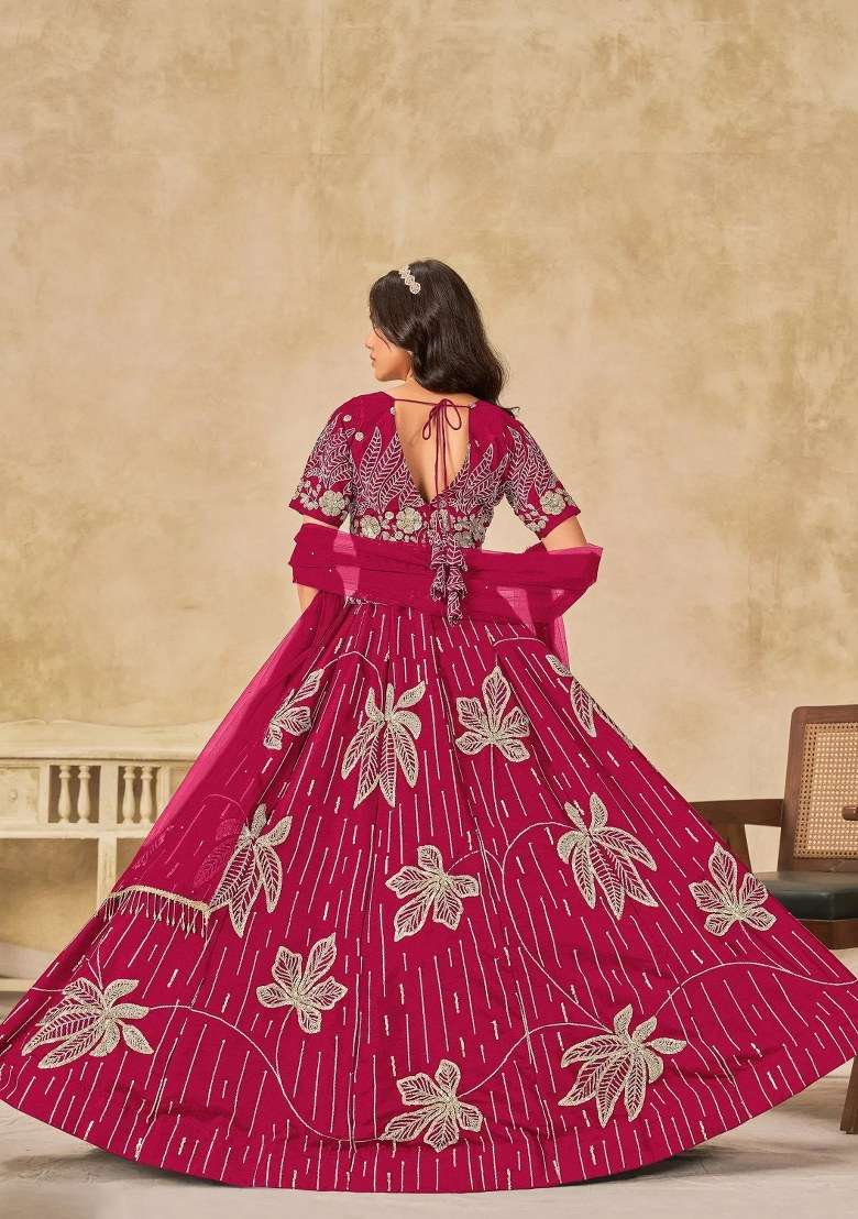 Pink Embroidered Silk Lehenga Set for Diwali and Festive Wear - Indya