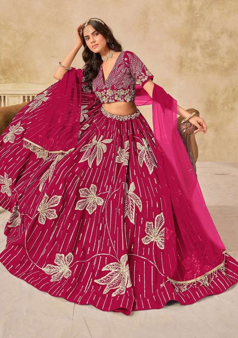 Pink Embroidered Silk Lehenga Set for Diwali and Festive Wear - Indya