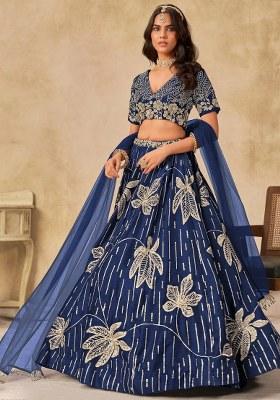 Blue Embroidered Silk Lehenga Set