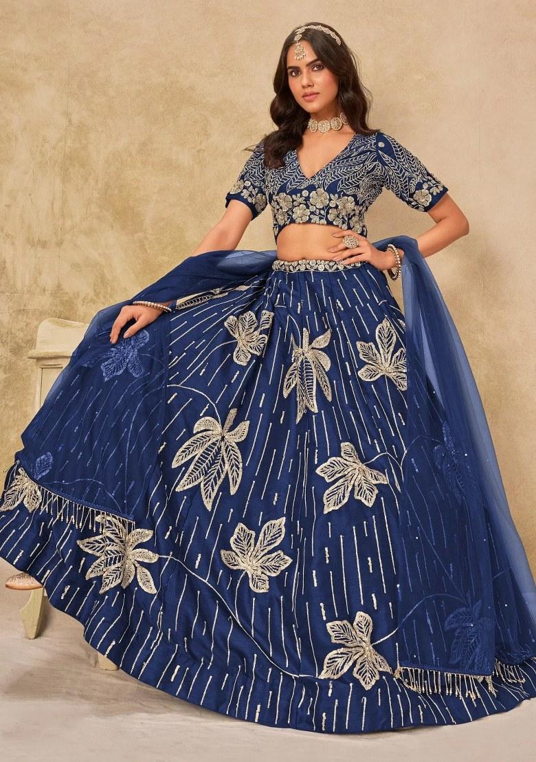 Blue Embroidered Silk Lehenga Set - Indya