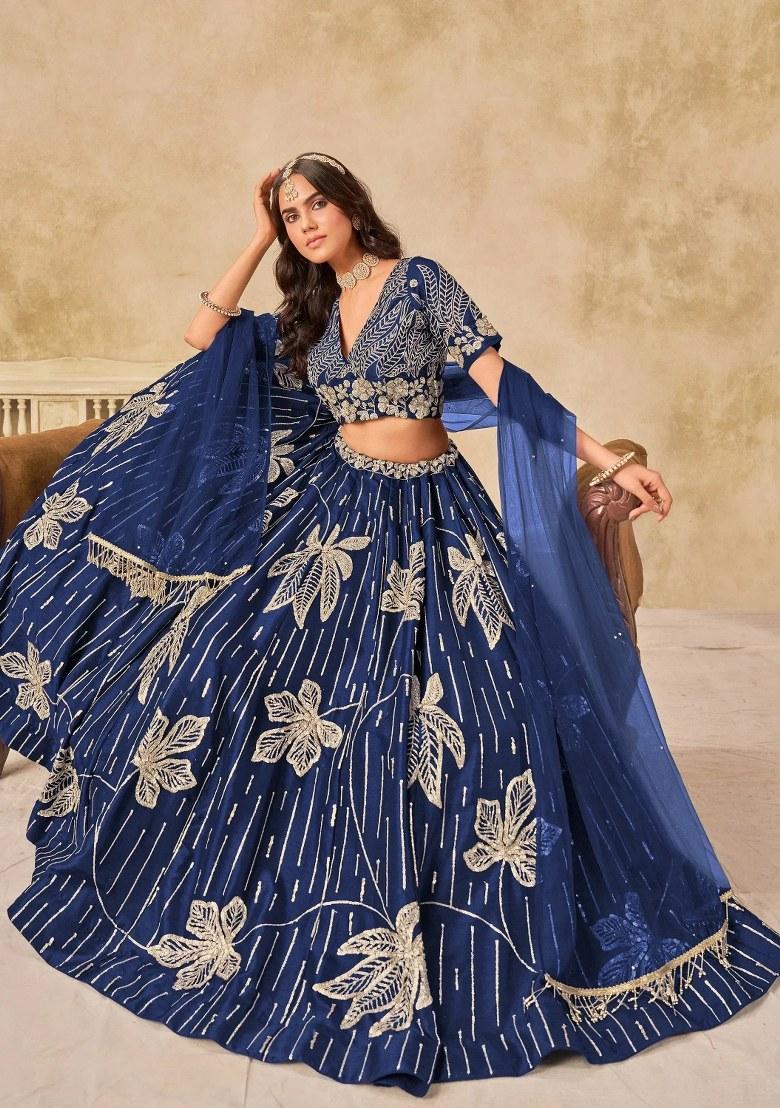 Blue Embroidered Silk Lehenga Set - Indya
