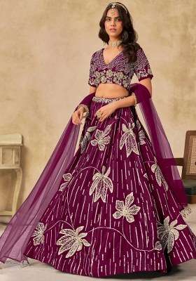 Wine Silk Lehenga Set with Embroidered for Diwali | Wedding & Festive Wear