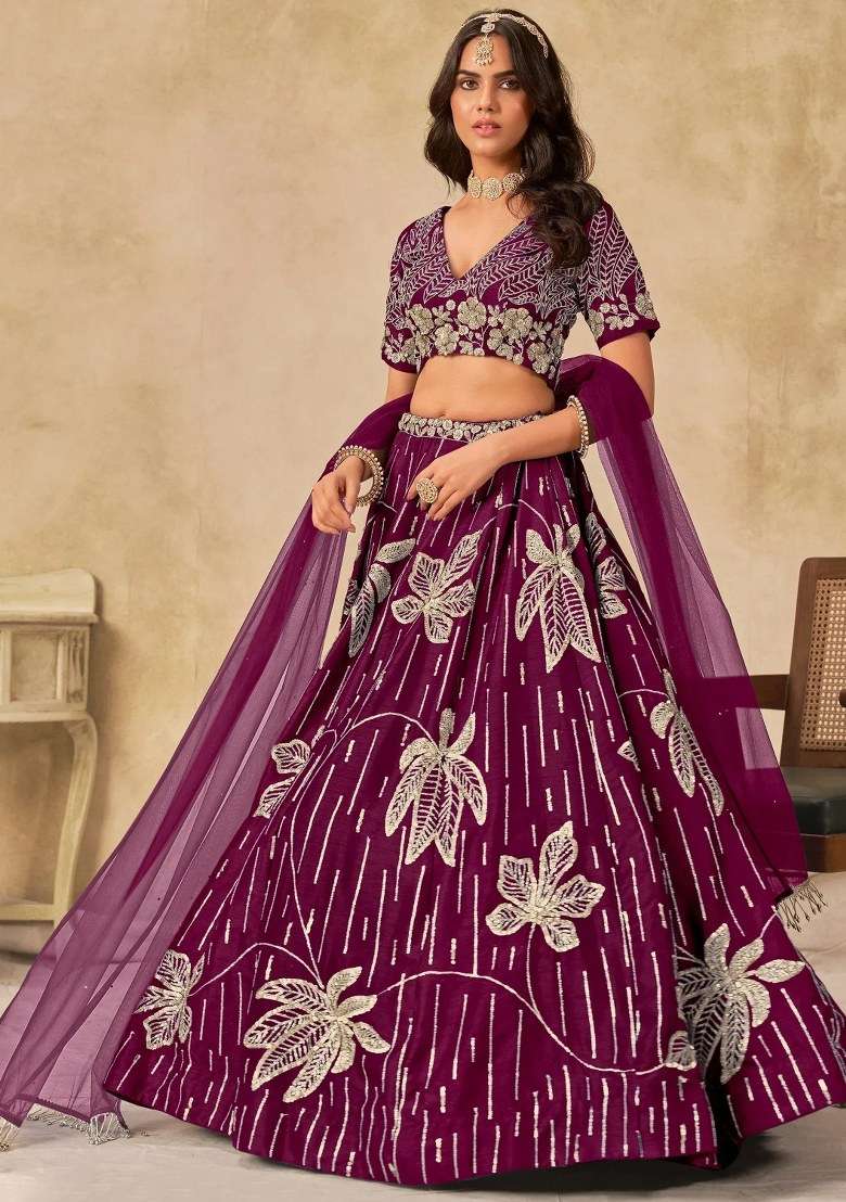 Wine Silk Lehenga Set with Embroidered for Diwali | Wedding & Festive Wear - Indya