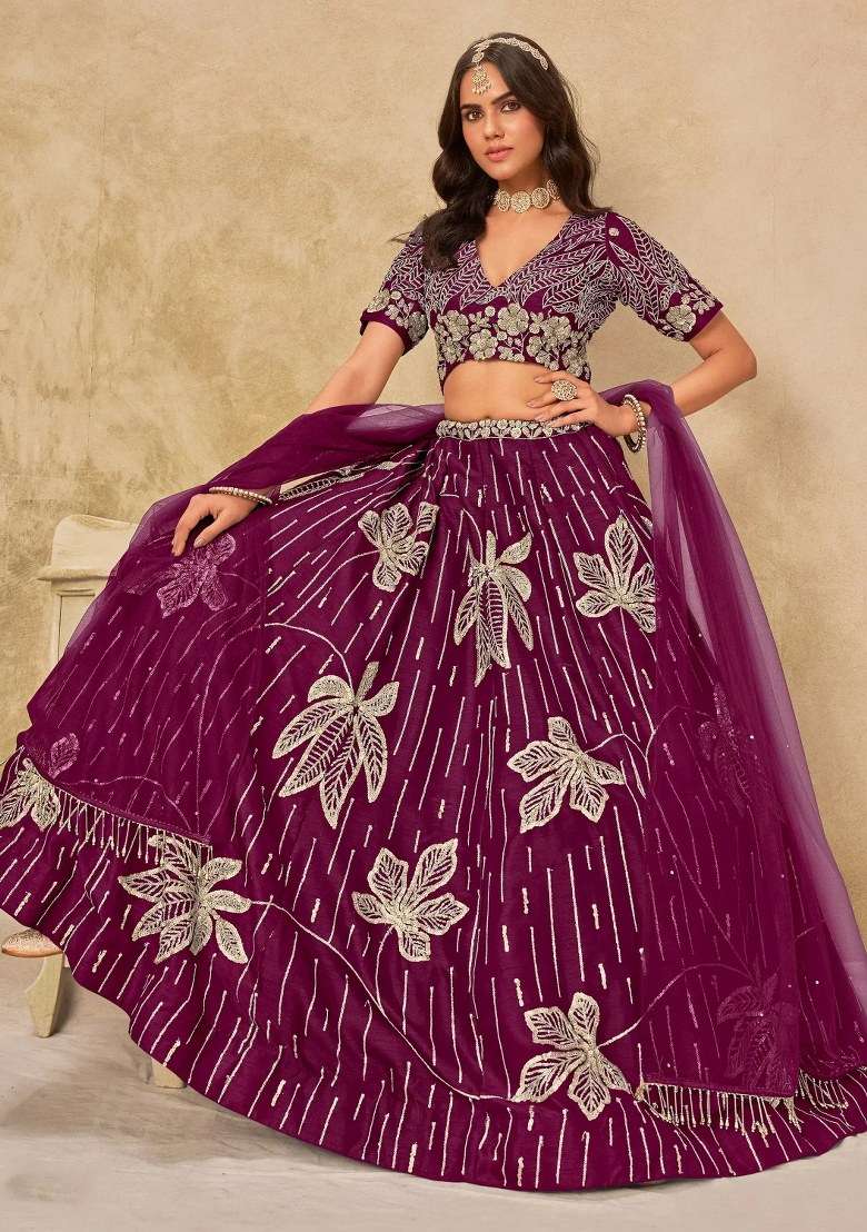 Wine Silk Lehenga Set with Embroidered for Diwali | Wedding & Festive Wear - Indya