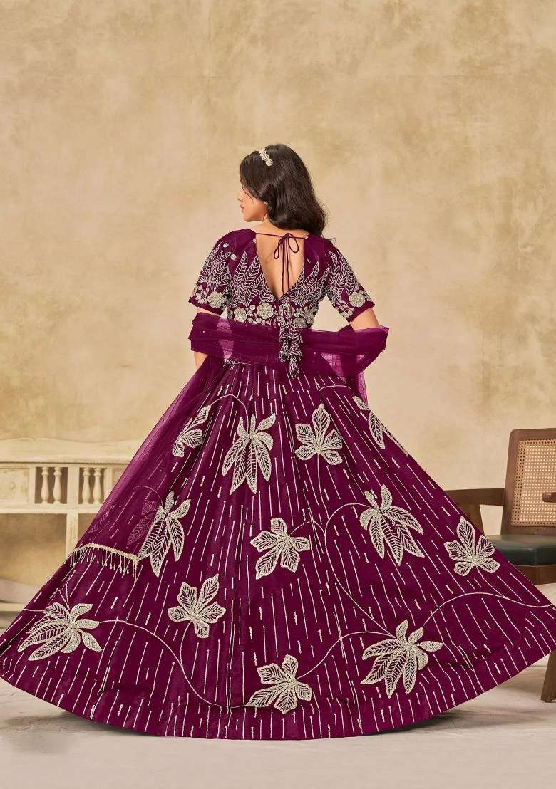 Wine Silk Lehenga Set with Embroidered for Diwali | Wedding & Festive Wear - Indya