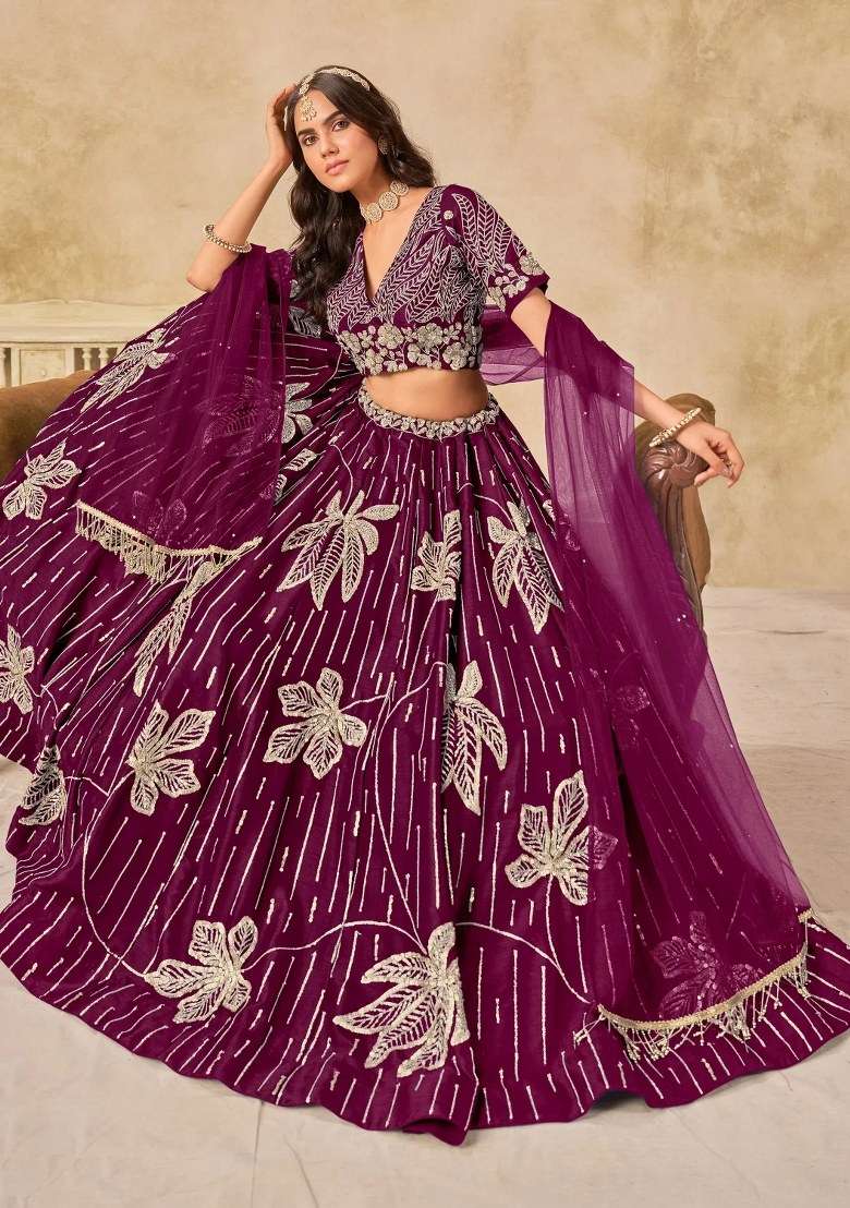 Wine Silk Lehenga Set with Embroidered for Diwali | Wedding & Festive Wear - Indya