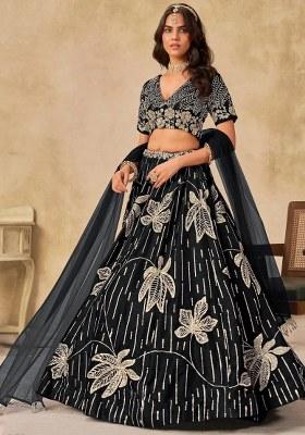 Black Embroidered Silk Lehenga Set