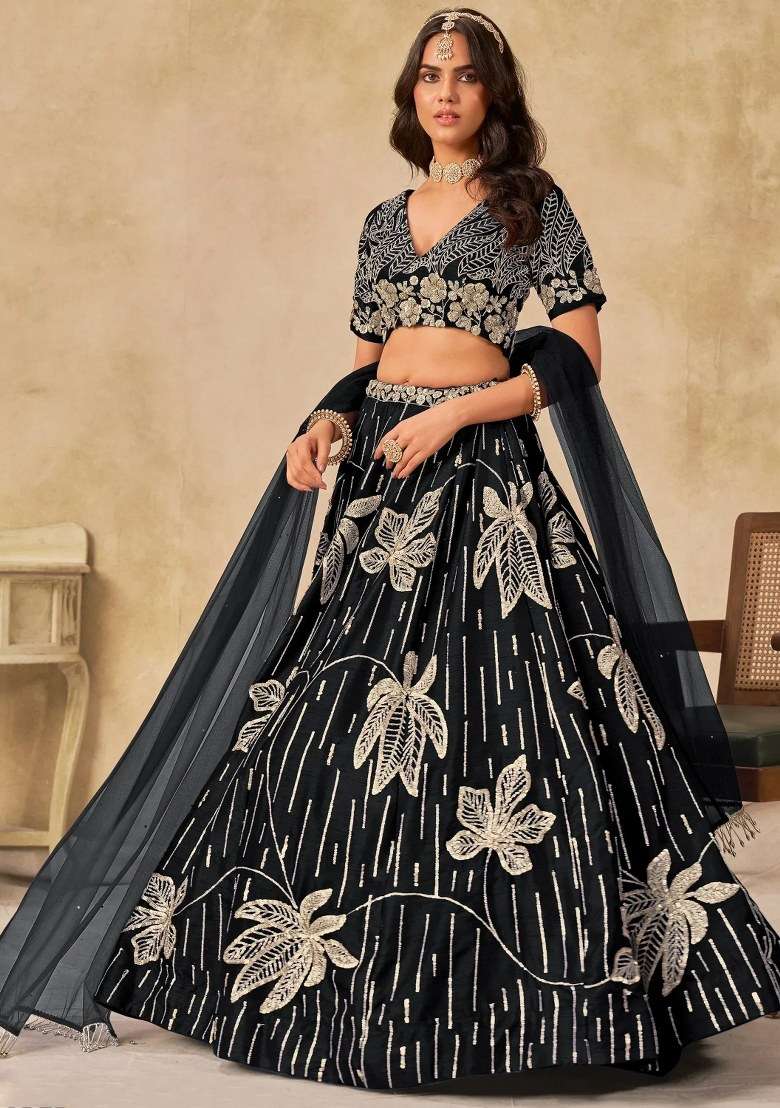Black Embroidered Silk Lehenga Set for Diwali and Festive Wear - Indya