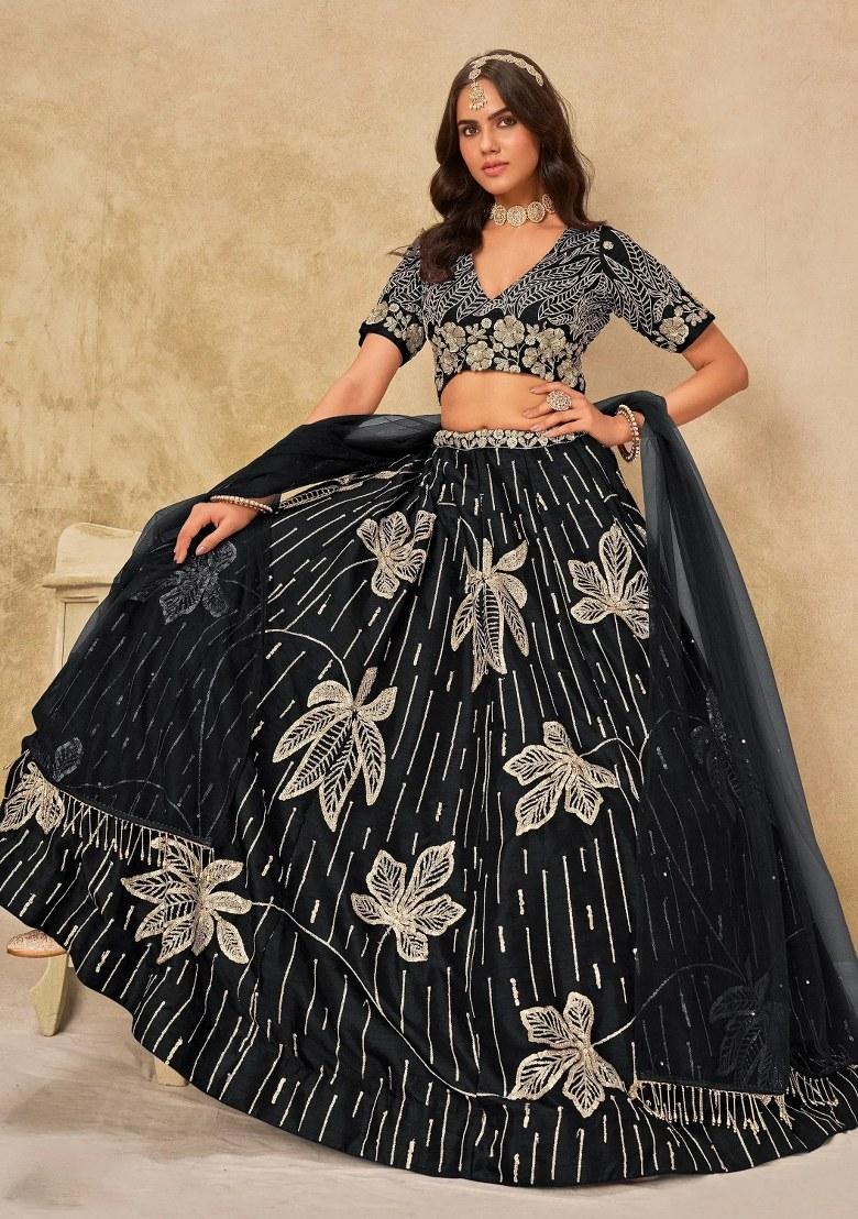 Black Embroidered Silk Lehenga Set - Indya