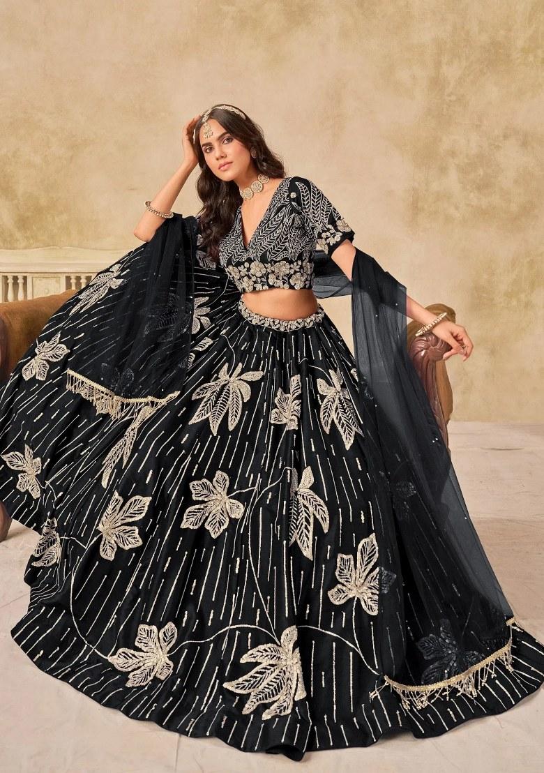 Black Embroidered Silk Lehenga Set - Indya