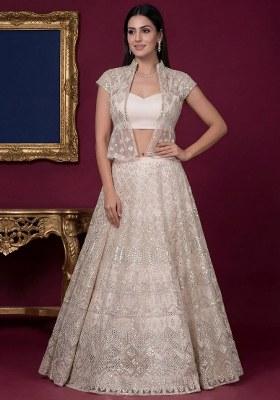 Off White Embroidered Net Lehenga Set